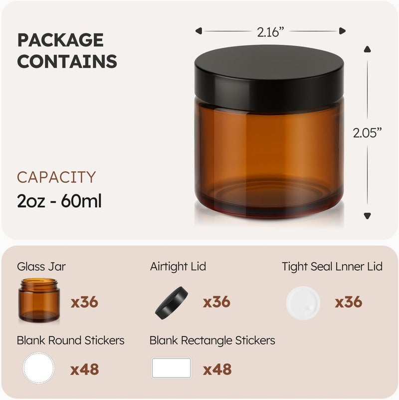 Tecohouse 2 oz Glass Jars with Lids, 36 Pack Amber Small Glass Jars with Black Lids Leakproof Round Airtight Empty Cosmetic Travel Containers with Inner Liners For Lotions Powders and Candle Making - Image 3